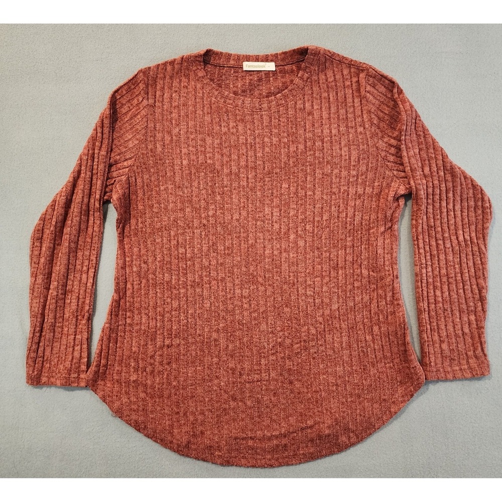 Fantaslook Women's Ribbed Knit Sweater Rust‎ Orange Long Sleeve Large